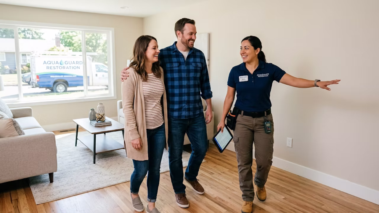 Restoration technician walking a homeowner through the final mitigated site before requesting a review